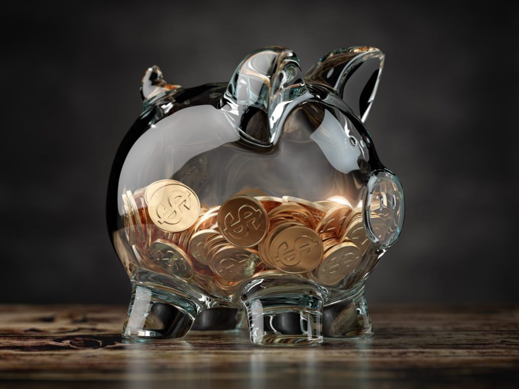 Piggy bank with golden coins. Financial investment, savings and family budget concept background. 3d illustration