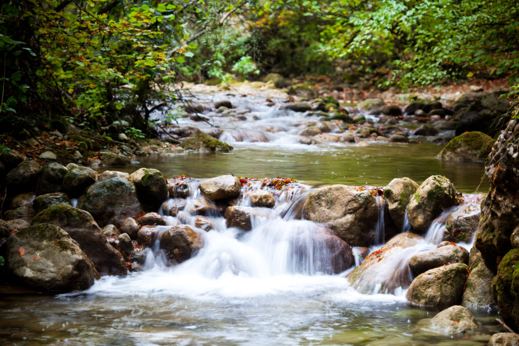 Stream of cold mountain river going down surrounded by green grass and rocks on shore on summer day. Travelling, meditation, destination scenic, nature loving concept broken bow oklahoma ok